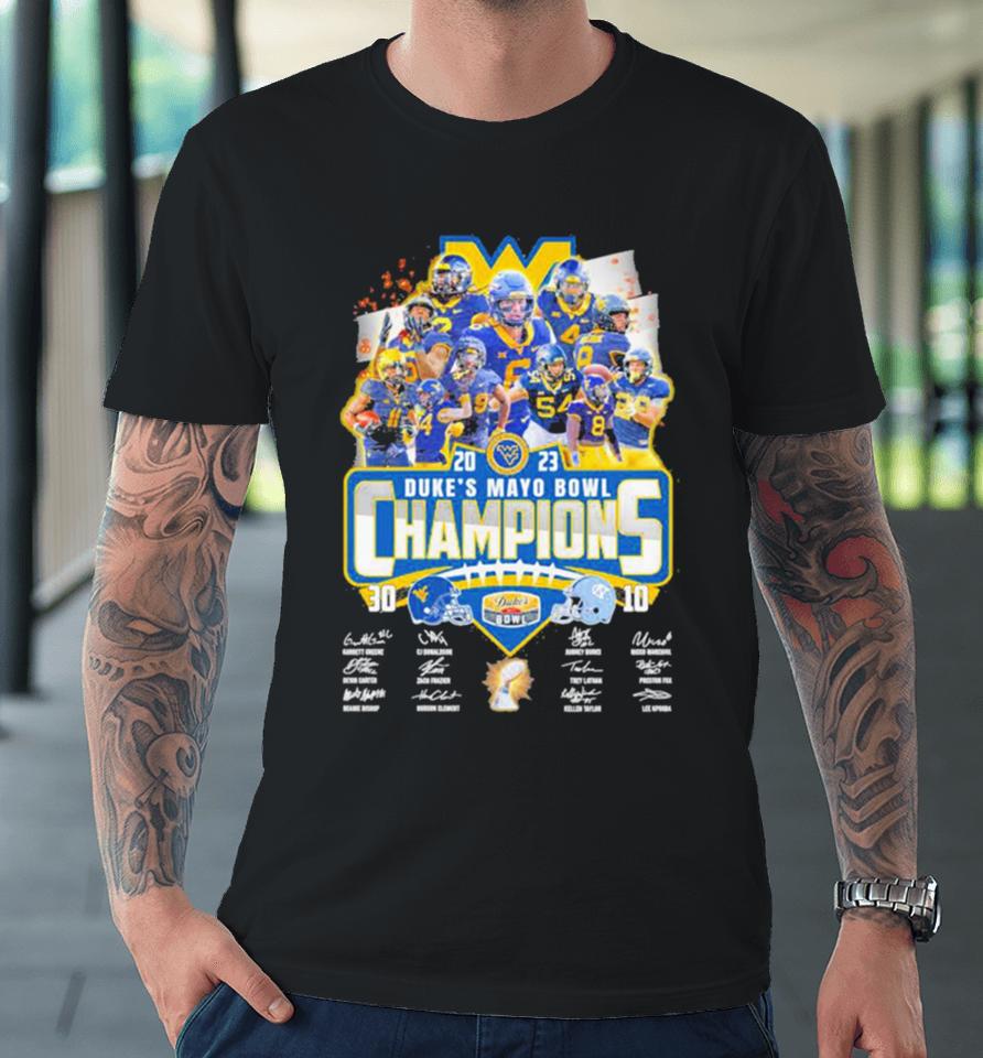 West Virginia Mountaineers 2023 Duke’s Mayo Bowl Champions Signatures Premium T-Shirt