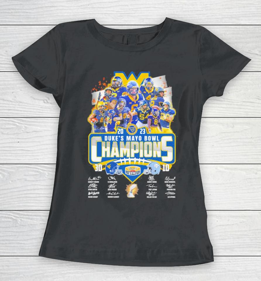 West Virginia Mountaineers 2023 Duke’s Mayo Bowl Champions Signatures Women T-Shirt