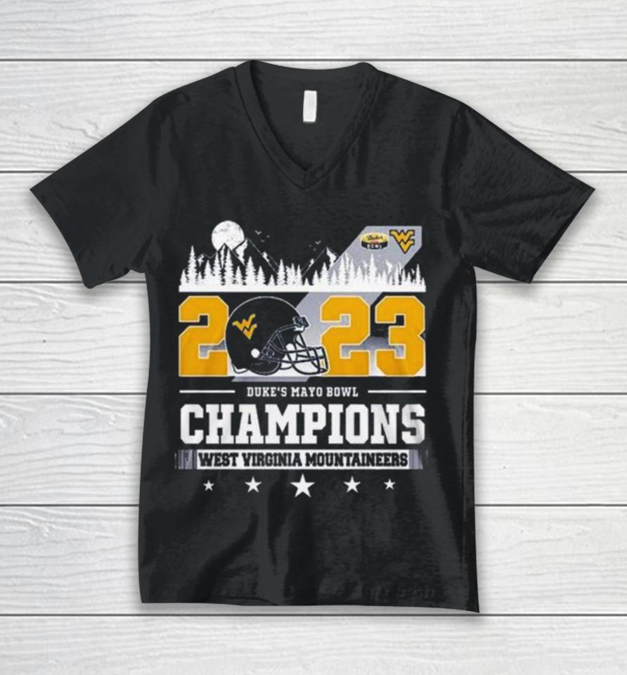 West Virginia Mountaineers Skyline 2023 Duke’s Mayo Bowl Champions Unisex V-Neck T-Shirt
