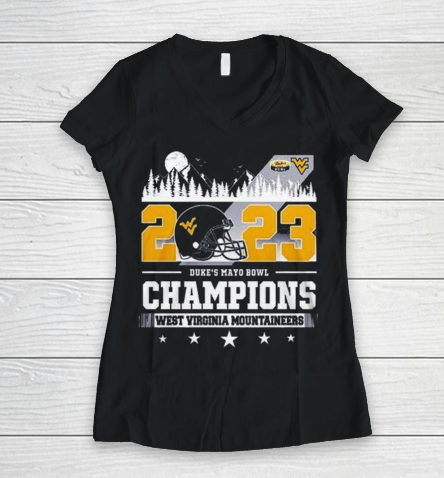 West Virginia Mountaineers Skyline 2023 Duke’s Mayo Bowl Champions Women V-Neck T-Shirt