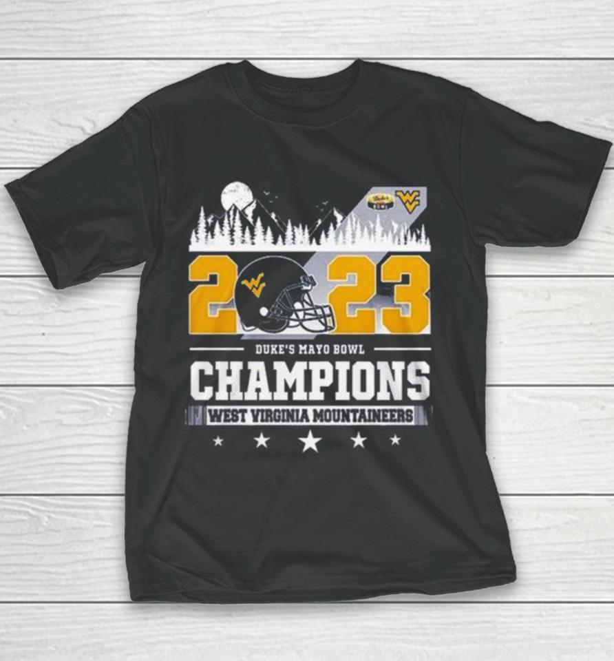 West Virginia Mountaineers Skyline 2023 Duke’s Mayo Bowl Champions Youth T-Shirt
