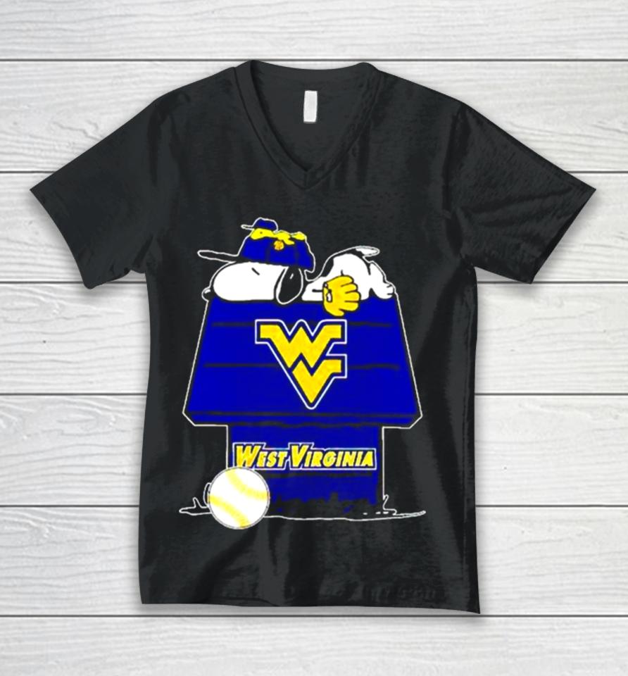 West Virginia Mountaineers Snoopy And Woodstock The Peanuts Baseball Unisex V-Neck T-Shirt