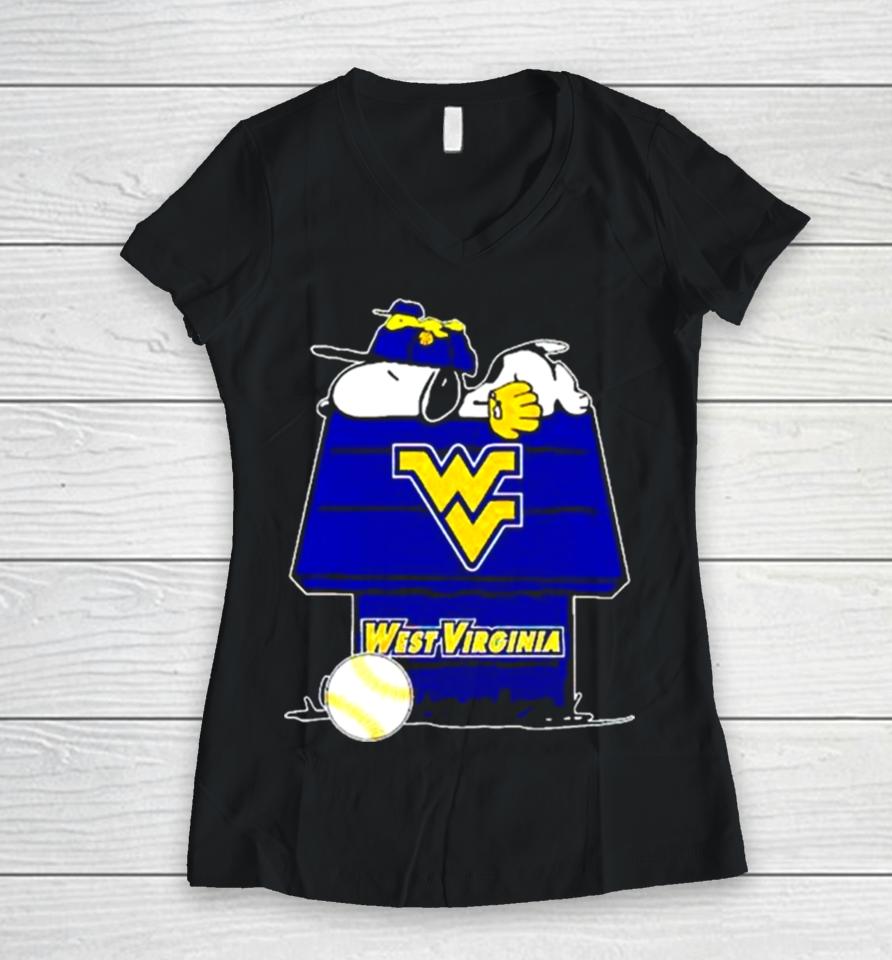 West Virginia Mountaineers Snoopy And Woodstock The Peanuts Baseball Women V-Neck T-Shirt