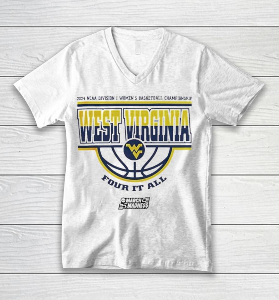 West Virginia Mountaineers Women’s Basketball Four It All 2024 Ncaa March Madness Unisex V-Neck T-Shirt