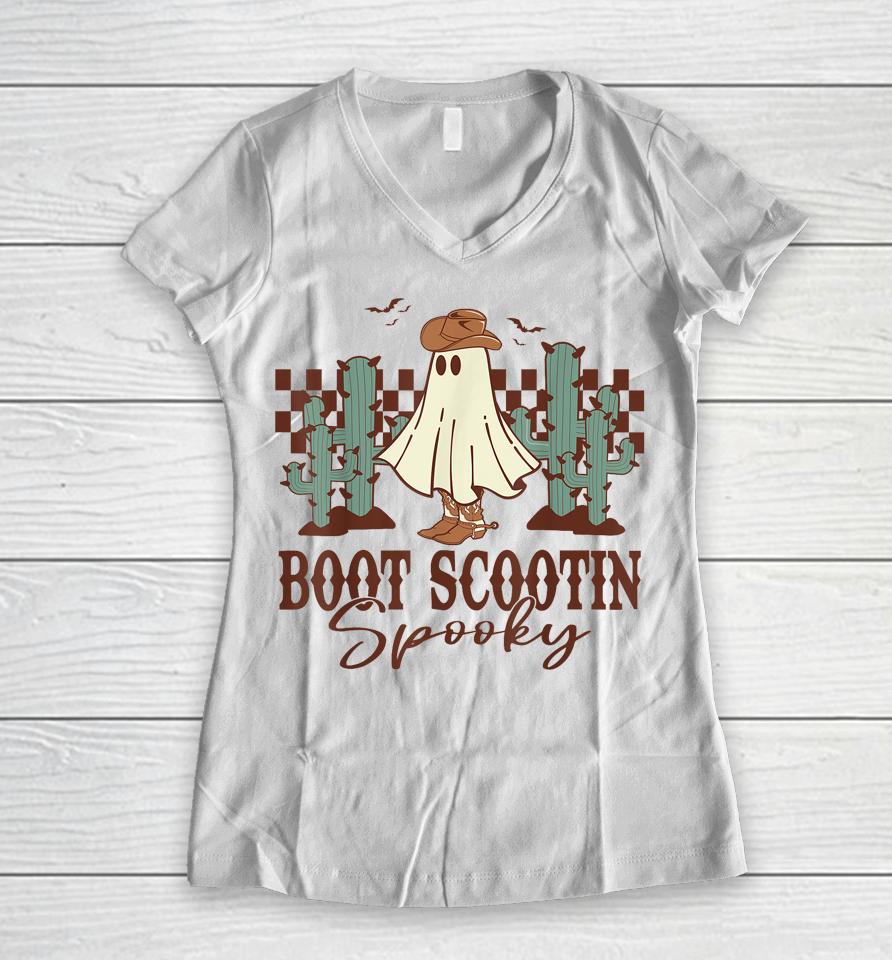 Western Halloween Cute Cowboy Ghost Boot Scootin Spooky Women V-Neck T-Shirt