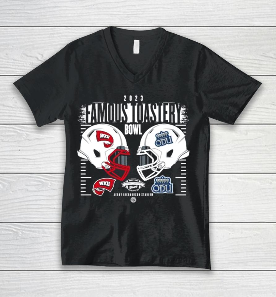 Western Kentucky Hilltoppers Vs Old Dominion Monarchs 2023 Famous Toastery Bowl Helmet Unisex V-Neck T-Shirt