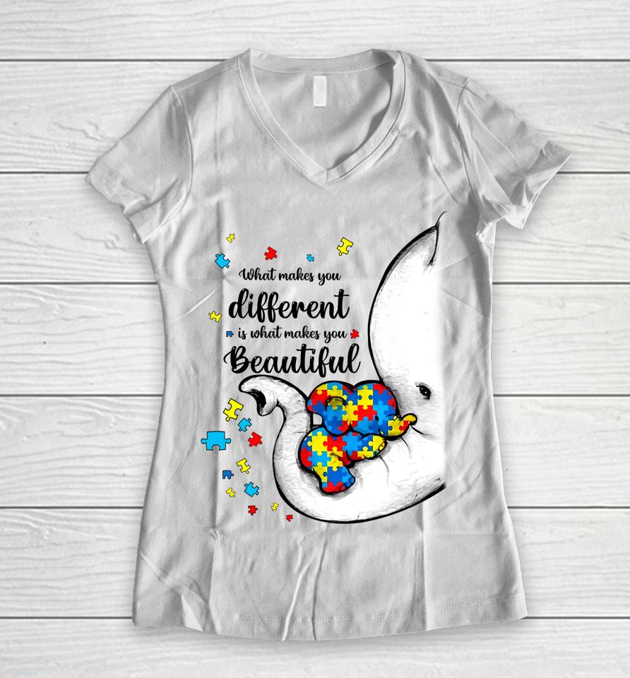 What Makes You Different Elephant Mom Autism Child Awareness Women V-Neck T-Shirt