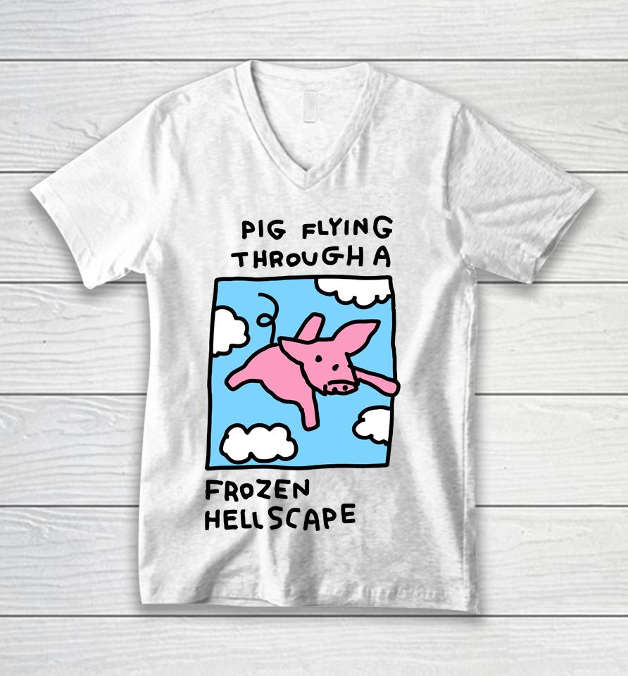 When Pigs Fly Pig Flying Through A Frozen Hell Scape Unisex V-Neck T-Shirt