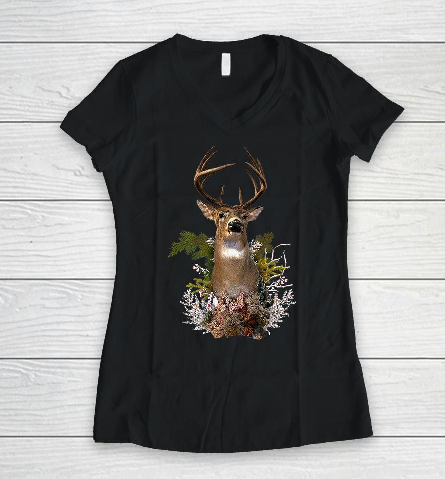 White Tail Deer Buck Antler Mounted Head 10 Pointer Hunter Premium Women V-Neck T-Shirt