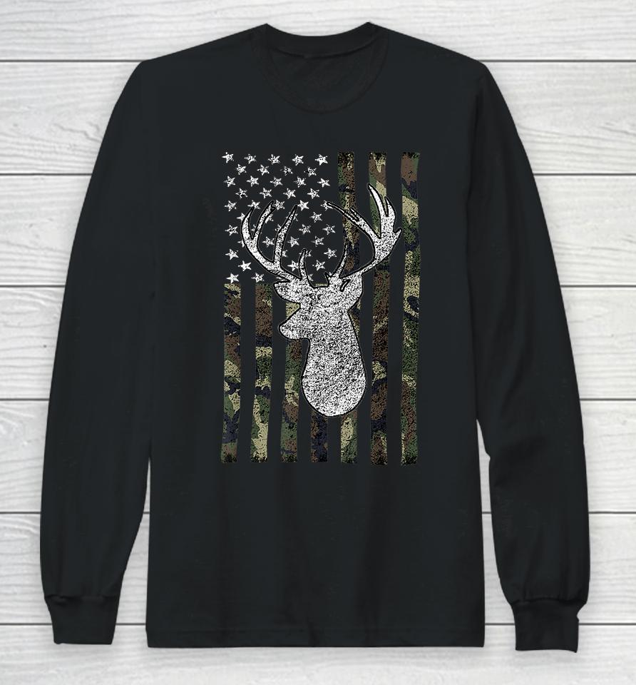 Whitetail Buck Deer Hunting American Camouflage Flag Long Sleeve T-Shirt