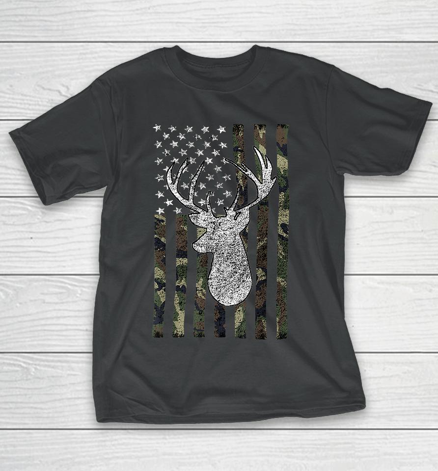 Whitetail Buck Deer Hunting American Camouflage Flag T-Shirt