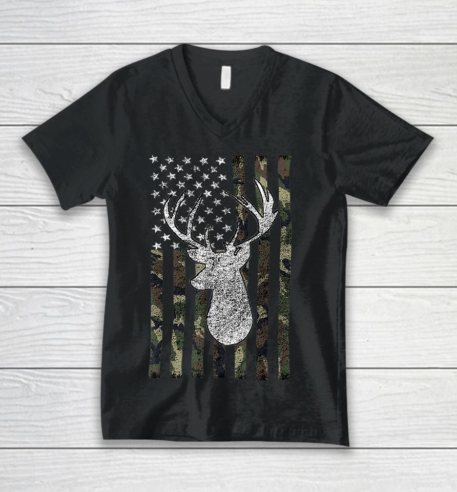 Whitetail Buck Deer Hunting American Camouflage Flag Unisex V-Neck T-Shirt