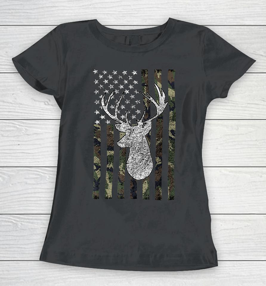 Whitetail Buck Deer Hunting American Camouflage Flag Women T-Shirt
