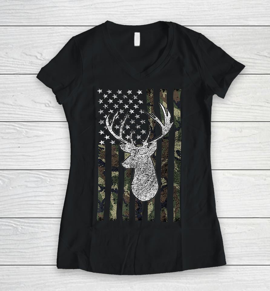 Whitetail Buck Deer Hunting American Camouflage Flag Women V-Neck T-Shirt