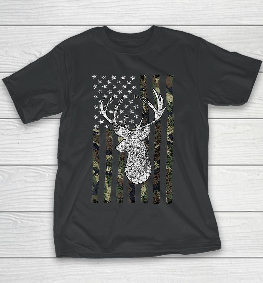 Whitetail Buck Deer Hunting American Camouflage Flag Youth T-Shirt