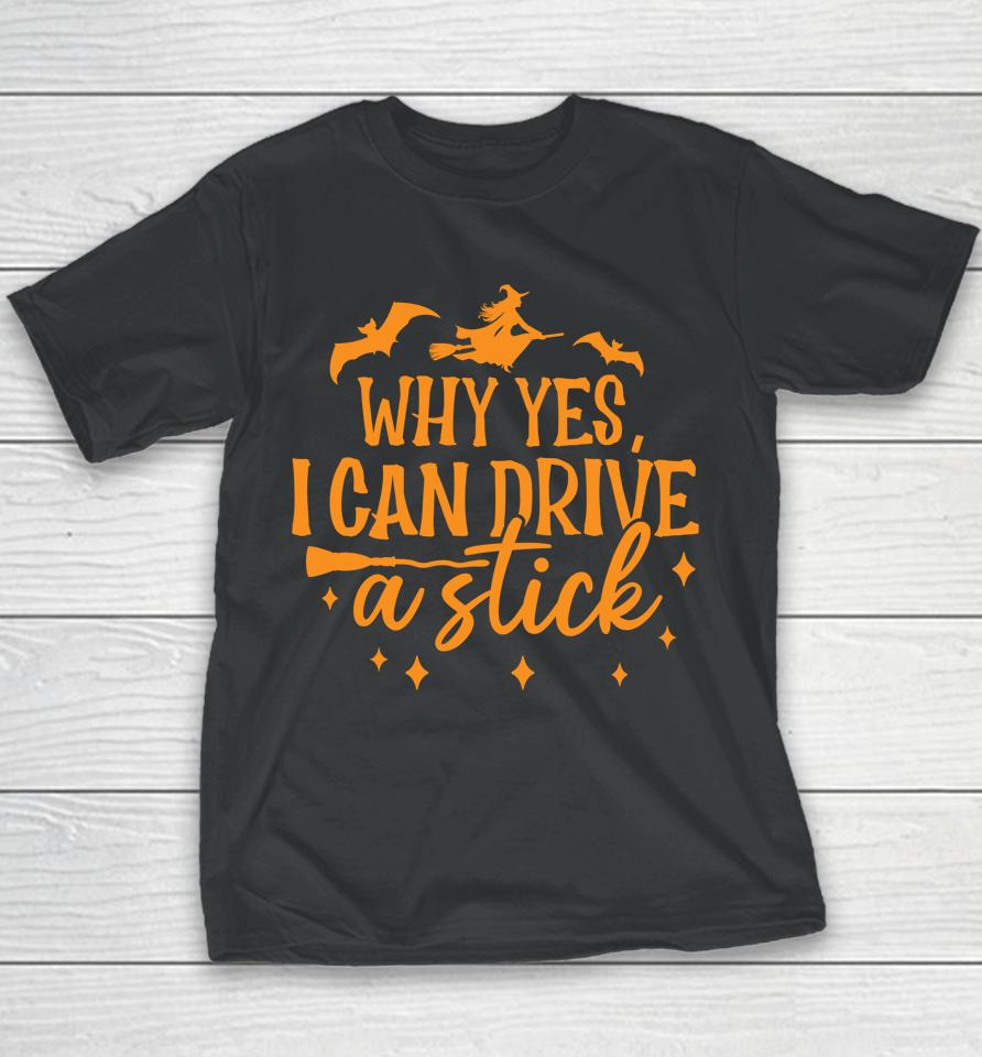 Why Yes I Can Drive A Stick Halloween Witch &Amp; Bats Youth T-Shirt