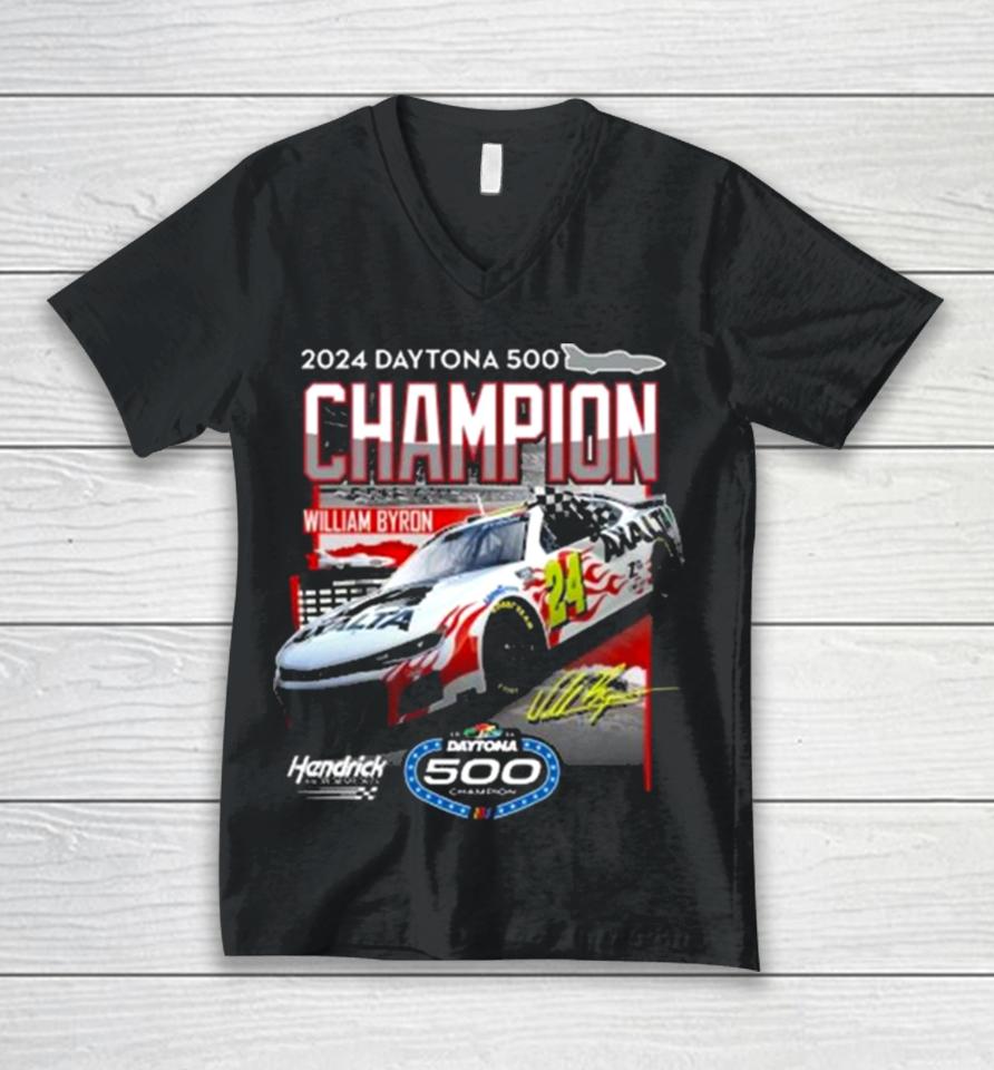 William Byron #24 2024 Daytona 500 Champion Winner 1 Spot Signature Unisex V-Neck T-Shirt