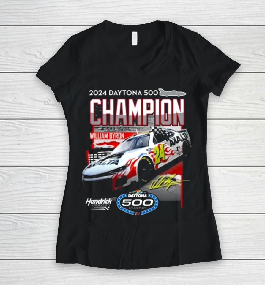 William Byron #24 2024 Daytona 500 Champion Winner 1 Spot Signature Women V-Neck T-Shirt