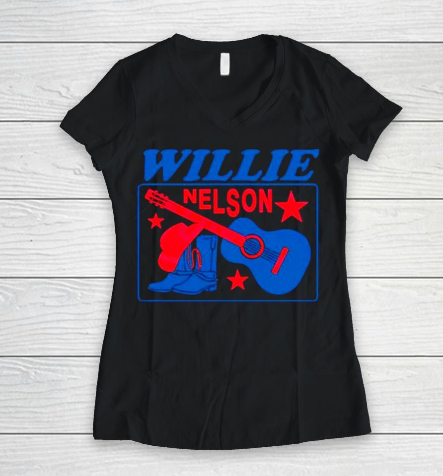 Willie Nelson Guitar Cowboy Boots Women V-Neck T-Shirt
