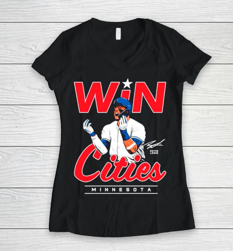 Win Cities Royce Lewis Minnesota Baseball Signature Women V-Neck T-Shirt