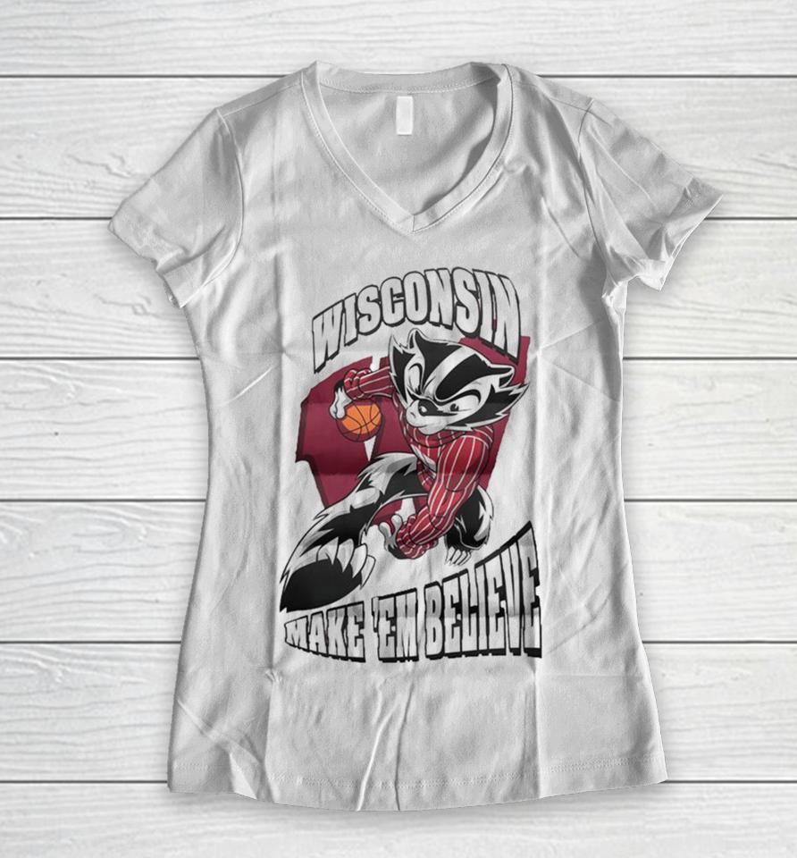 Wisconsin Badgers Make ’Em Believe Mascot Women V-Neck T-Shirt