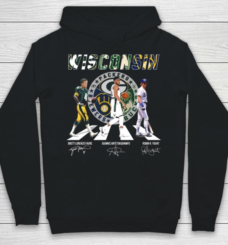 Wisconsin Sports Abbey Road Brett Lorenzo Favre Giannis Antetokounmpo And Robin R Yount Signatures Hoodie