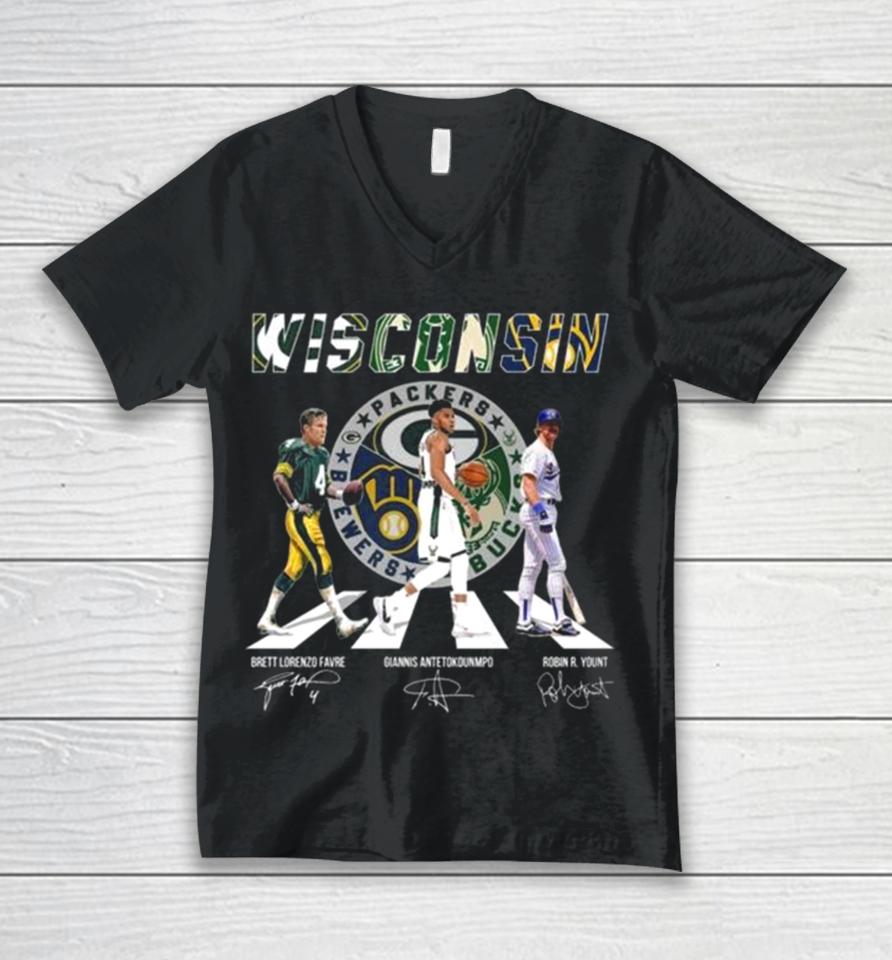 Wisconsin Sports Abbey Road Brett Lorenzo Favre Giannis Antetokounmpo And Robin R Yount Signatures Unisex V-Neck T-Shirt