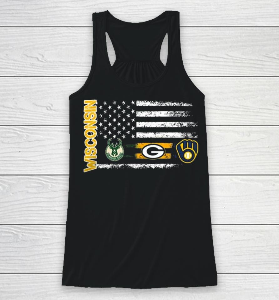 Wisconsin Sports American Flag Milwaukee Brewers X Bucks And Packers 2023 Racerback Tank