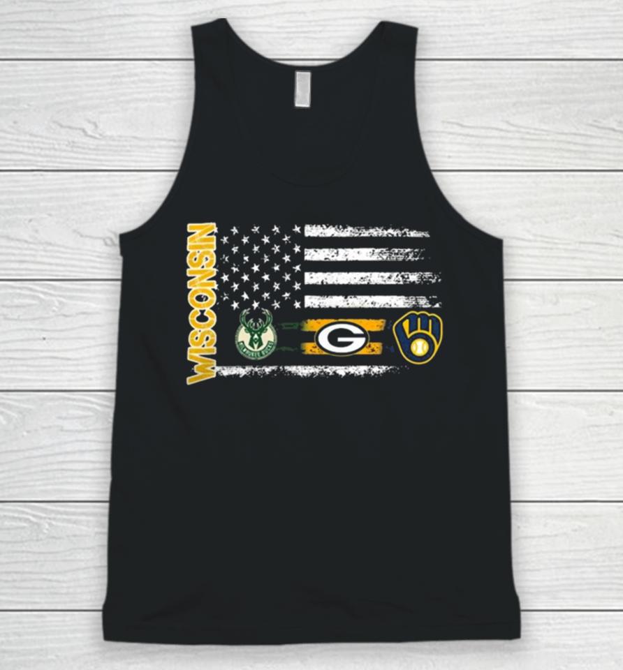 Wisconsin Sports American Flag Milwaukee Brewers X Bucks And Packers 2023 Unisex Tank Top