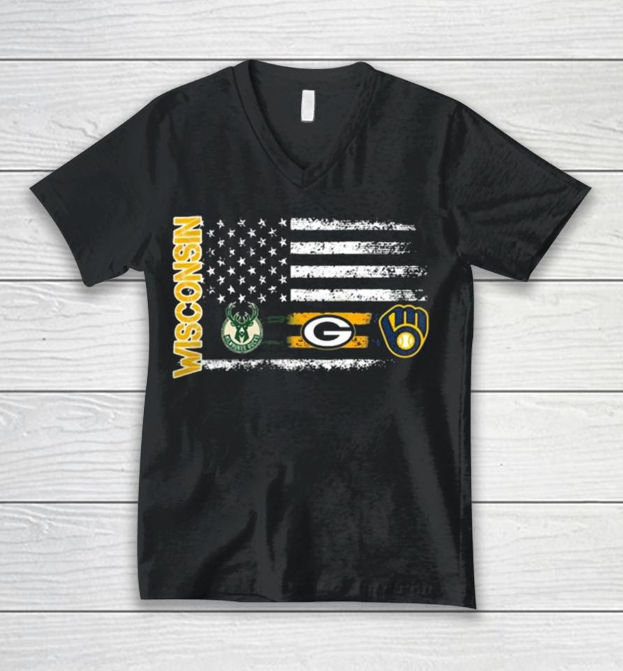 Wisconsin Sports American Flag Milwaukee Brewers X Bucks And Packers 2023 Unisex V-Neck T-Shirt