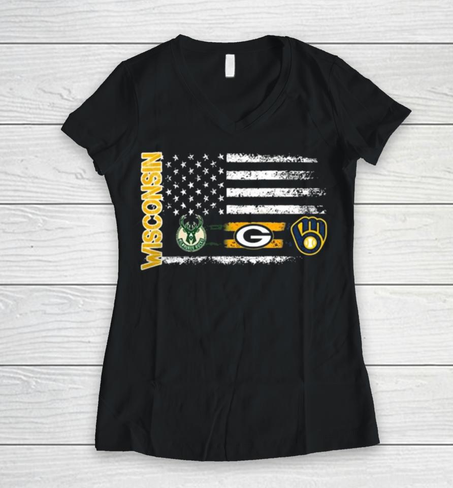 Wisconsin Sports American Flag Milwaukee Brewers X Bucks And Packers 2023 Women V-Neck T-Shirt