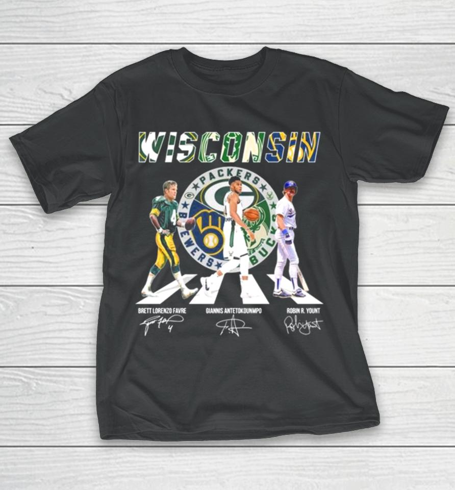 Wisconsin Sports Teams Abbey Road Brett Lorenzo Favre Giannis Antetokounmpo And Robin R Yount Signature T-Shirt