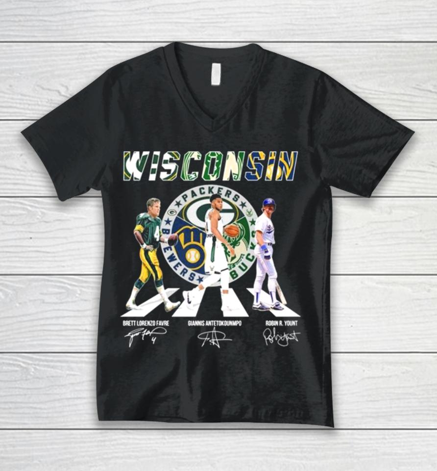 Wisconsin Sports Teams Abbey Road Brett Lorenzo Favre Giannis Antetokounmpo And Robin R Yount Signature Unisex V-Neck T-Shirt