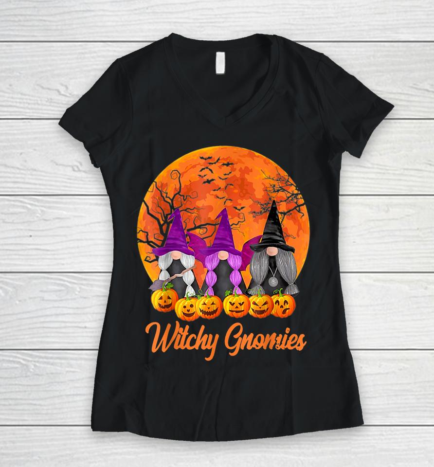 Witchy Gnomies Halloween Gnomes Pumpkin Women V-Neck T-Shirt