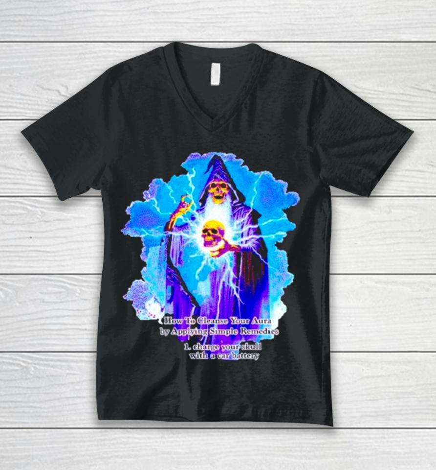 Wizard Skeleton How To Cleanse Your Aura By Applying Simple Remedies Unisex V-Neck T-Shirt