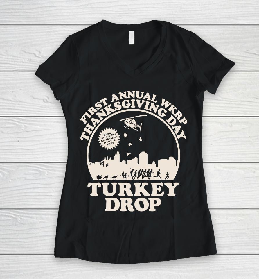 Wkrp Turkey Drop Thanksgiving Days Women V-Neck T-Shirt