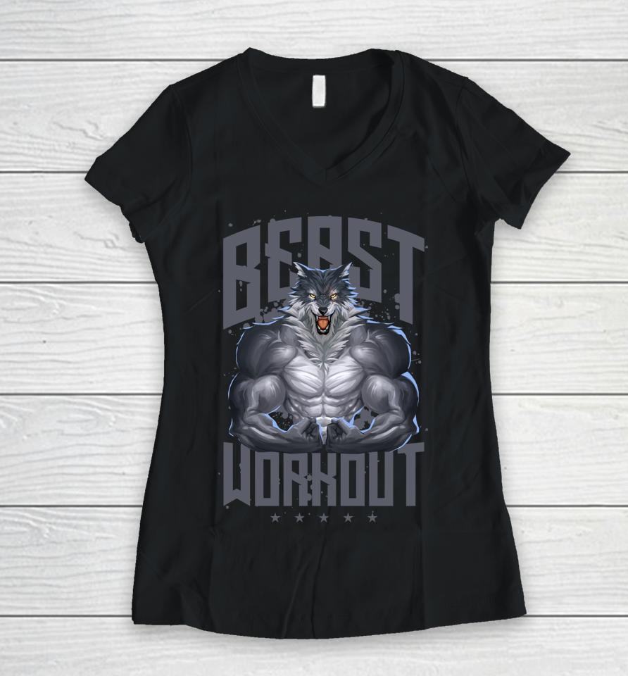 Wolf Workout Beast Gym Fitness Bodybuilding Muscles Women V-Neck T-Shirt