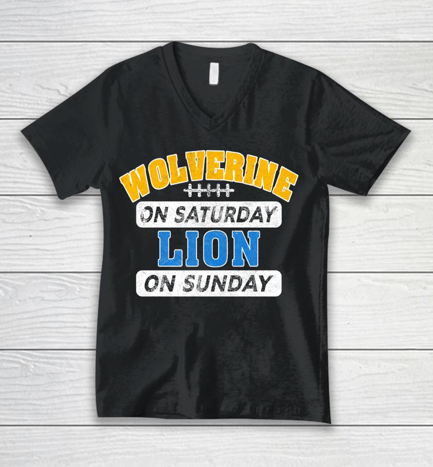 Wolverine On Saturday Lion On Sunday Detroit Unisex V-Neck T-Shirt