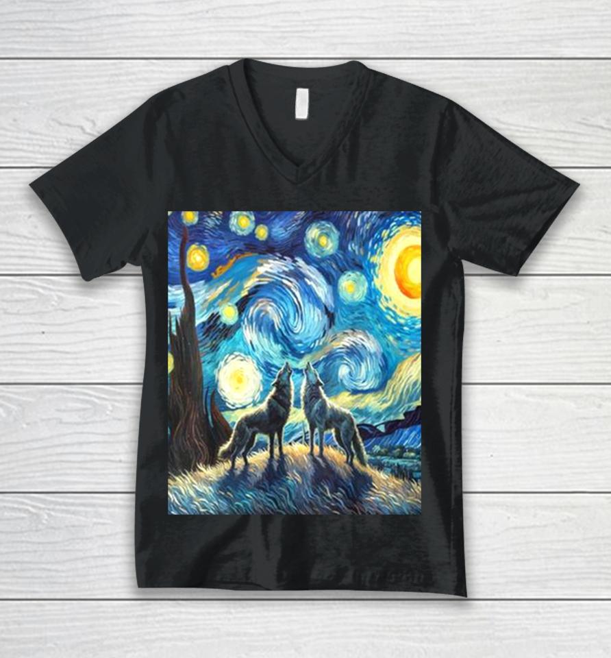 Wolves Howling At The Starry Moon Unisex V-Neck T-Shirt