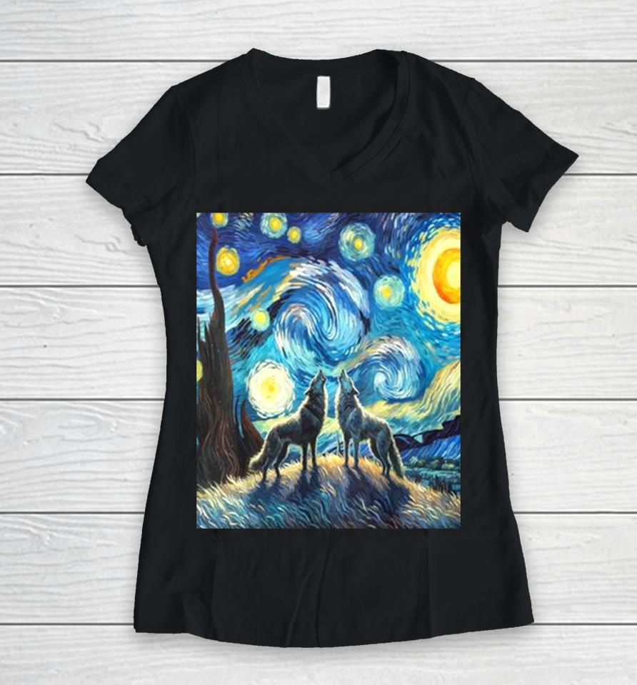 Wolves Howling At The Starry Moon Women V-Neck T-Shirt