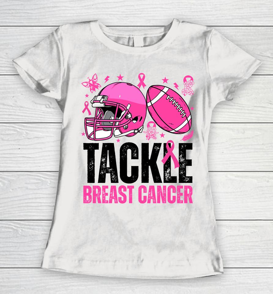Woman Tackle Football Pink Ribbon Breast Cancer Awareness Women T-Shirt