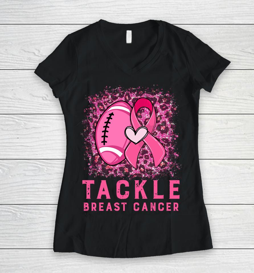 Woman Tackle Football Pink Ribbon Breast Cancer Awareness Women V-Neck T-Shirt