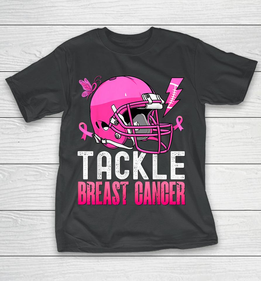 Woman Tackle Football Pink Ribbon Breast Cancer Awareness T-Shirt
