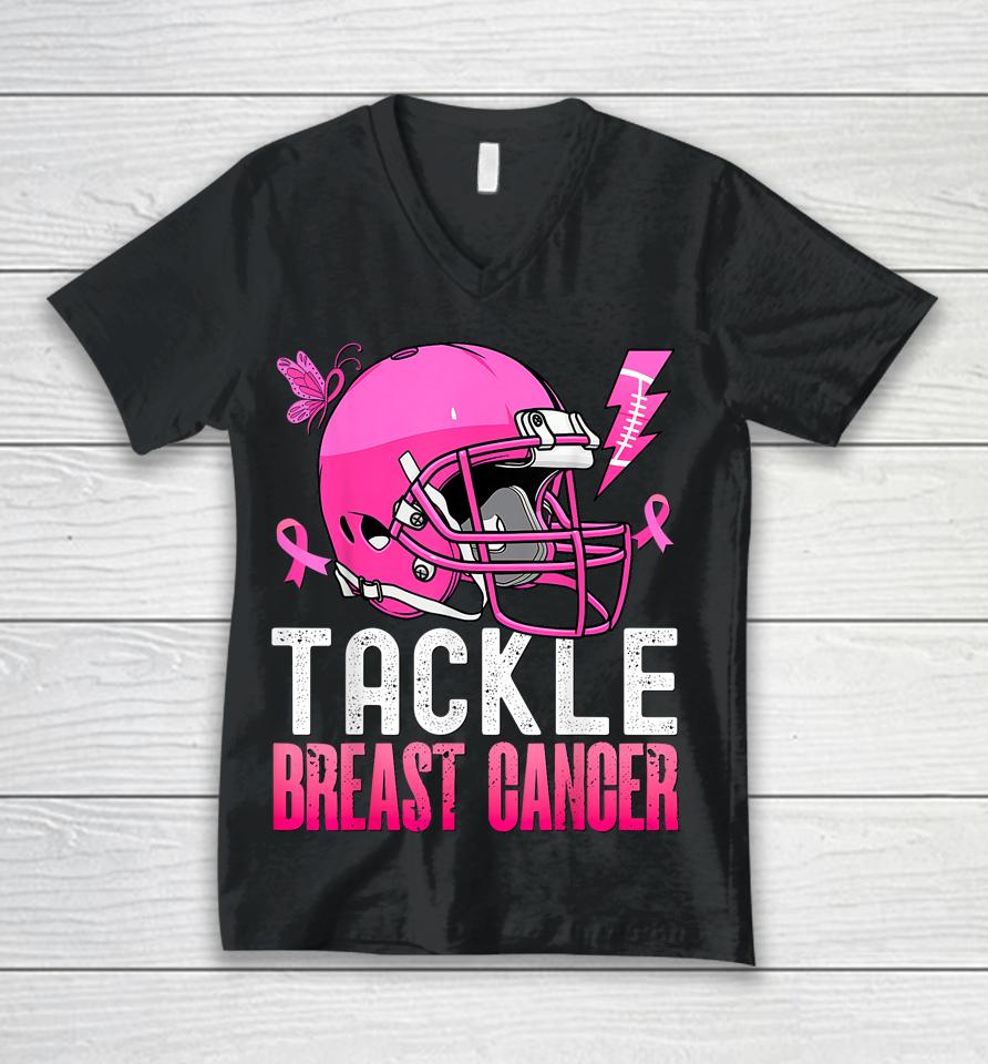 Woman Tackle Football Pink Ribbon Breast Cancer Awareness Unisex V-Neck T-Shirt