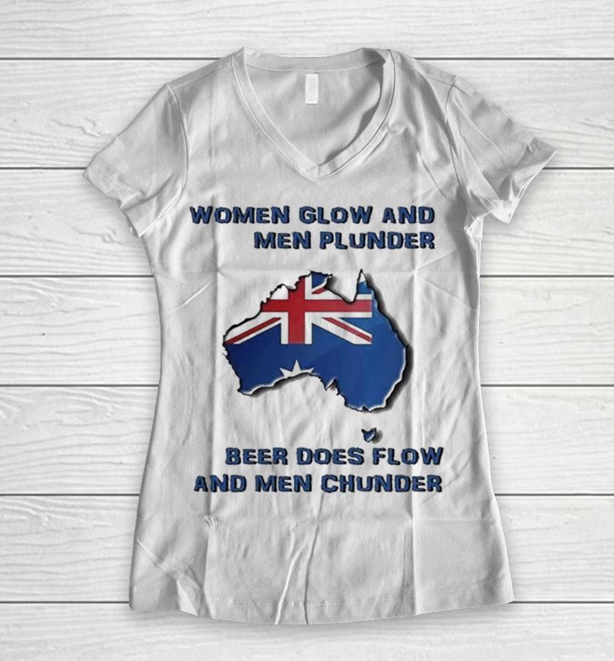 Women Glow And Men Plunder Beer Does Flow And Men Chunder Women V-Neck T-Shirt