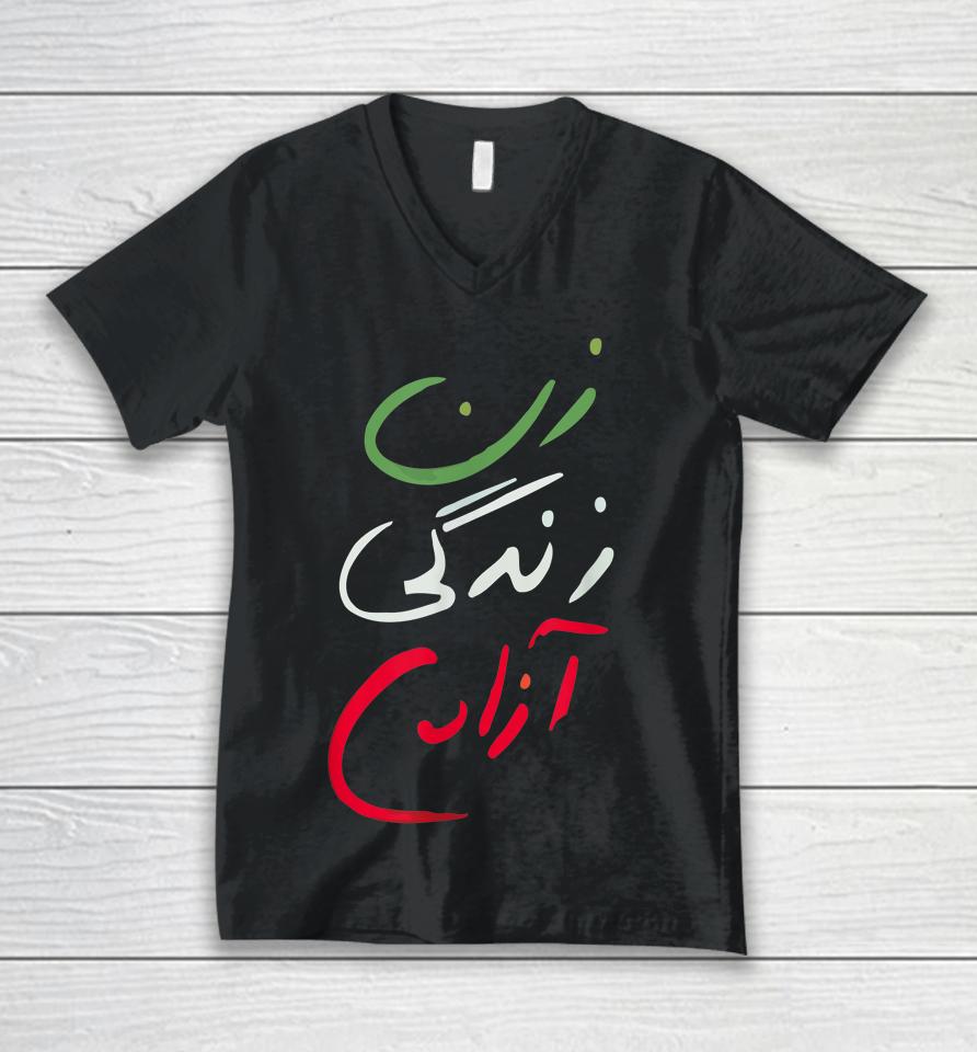 Women Life Freedom Farsi Calligraphy Tee Zan Zendegi Azadi Unisex V-Neck T-Shirt
