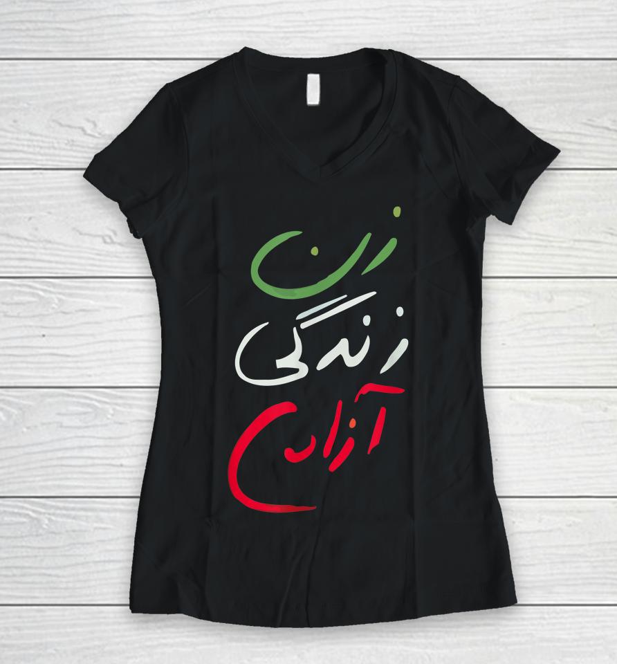 Women Life Freedom Farsi Calligraphy Tee Zan Zendegi Azadi Women V-Neck T-Shirt