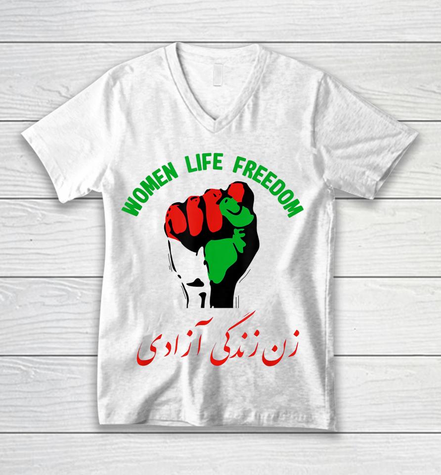 Women Life Freedom In Farsi Iran Zan Zendegi Azadi Unisex V-Neck T-Shirt