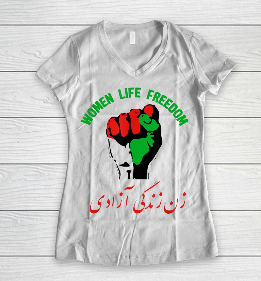 Women Life Freedom In Farsi Iran Zan Zendegi Azadi Women V-Neck T-Shirt