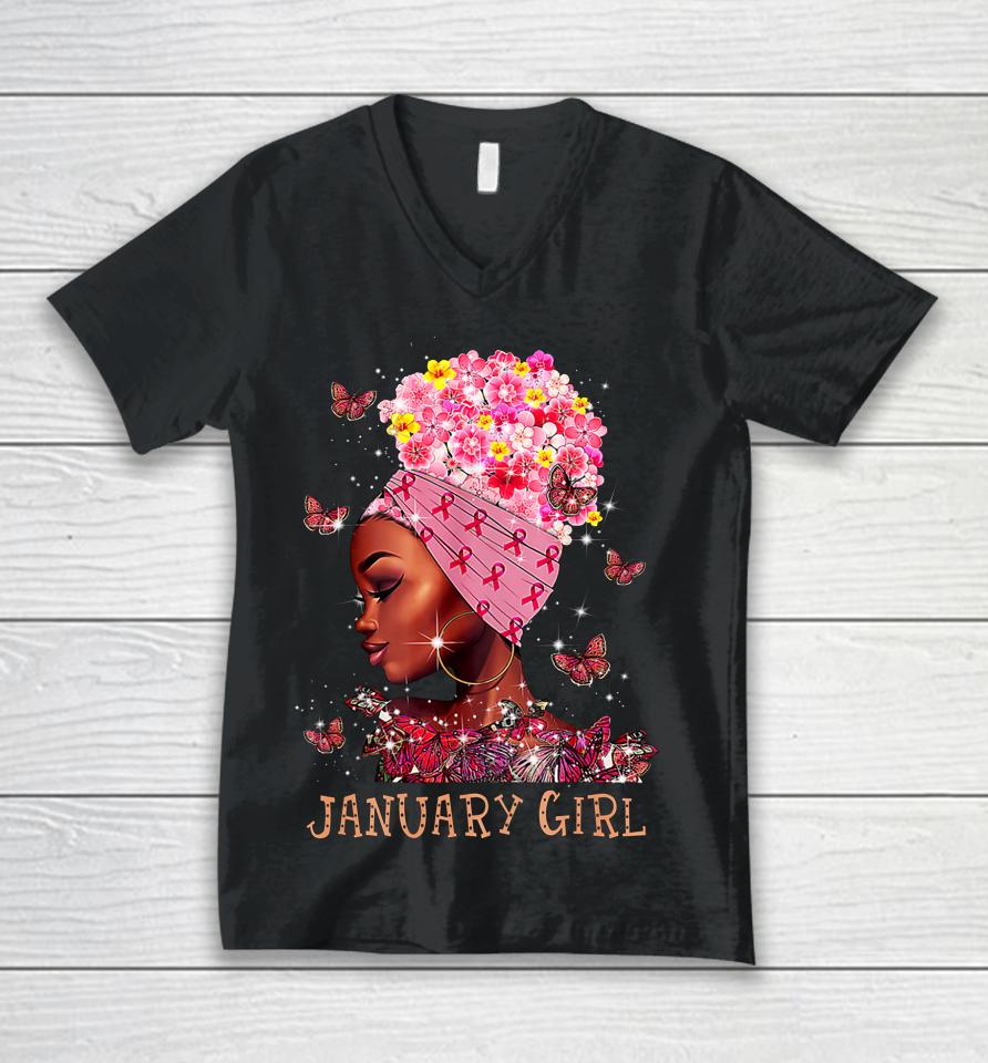 Womens Woman Breast Cancer Awareness Gift Tee January Girl Unisex V-Neck T-Shirt